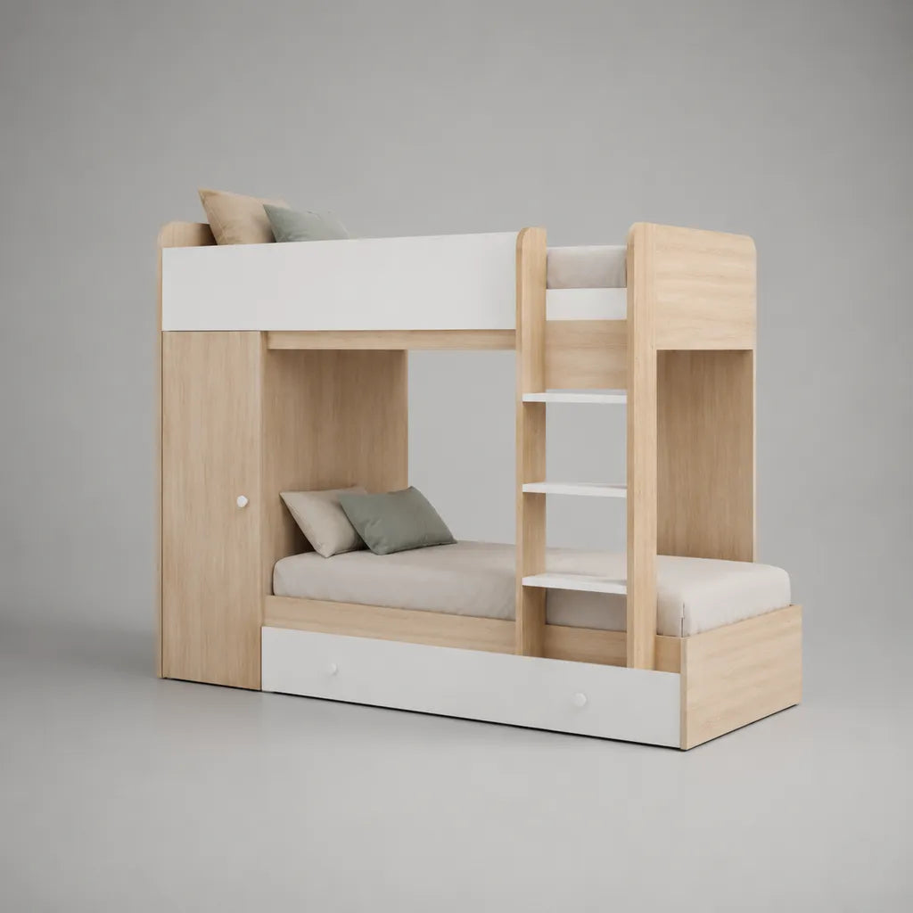 Lit superposé en bois avec armoire, tiroir et échelle, 2 surfaces 90 × 200 cm, 250 × 112 × 180 cm, couleur chêne/blanc