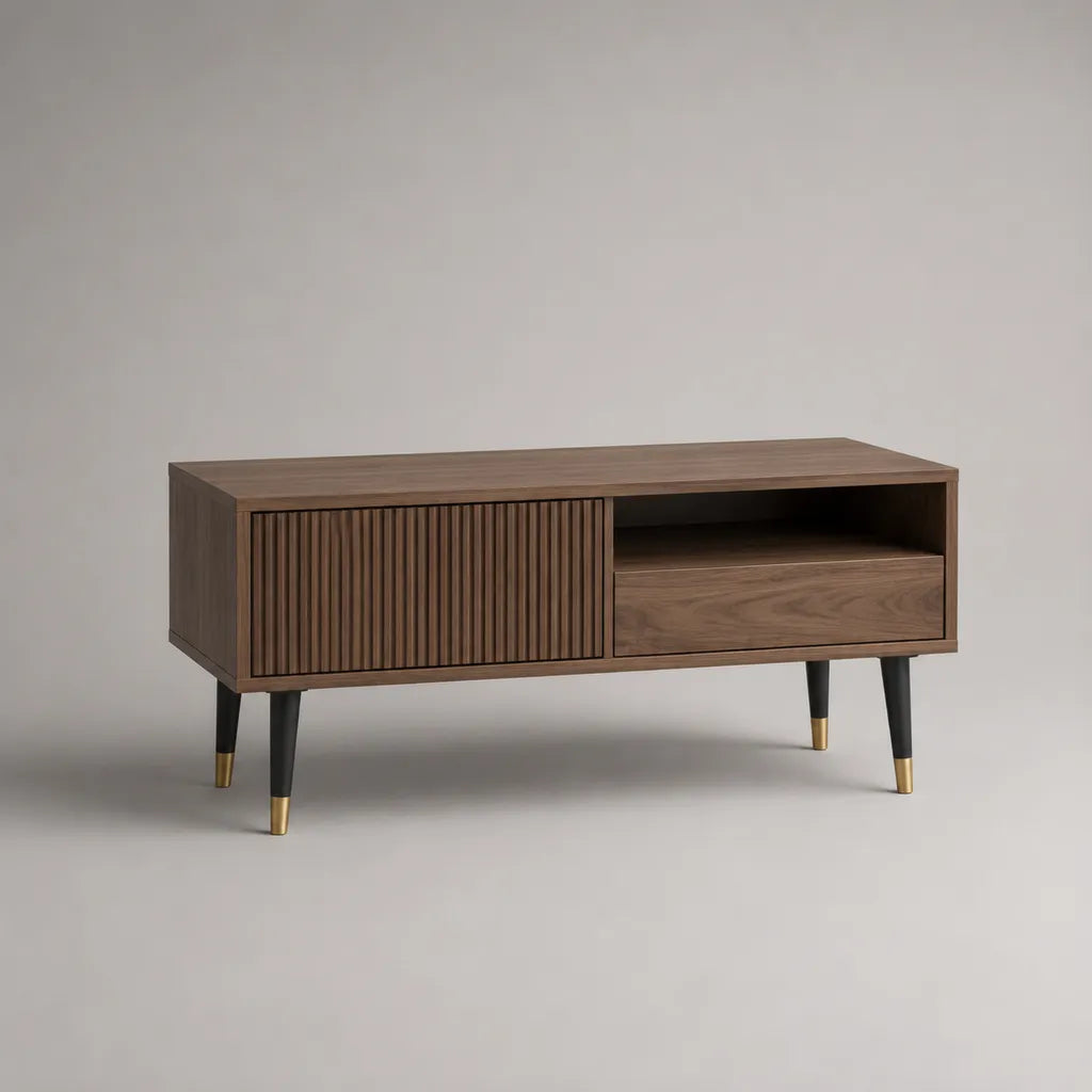Armoire TV avec porte coulissante et tiroir, MDF avec placage de noix, brun foncé, noir et en laiton, 120 × 40 × 60 cm