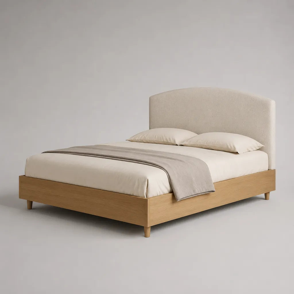 Structure double en bois avec tête en tissu rembourrée, couchage 160 × 200 cm, beige et chêne naturel, 215 × 170 × 110 cm