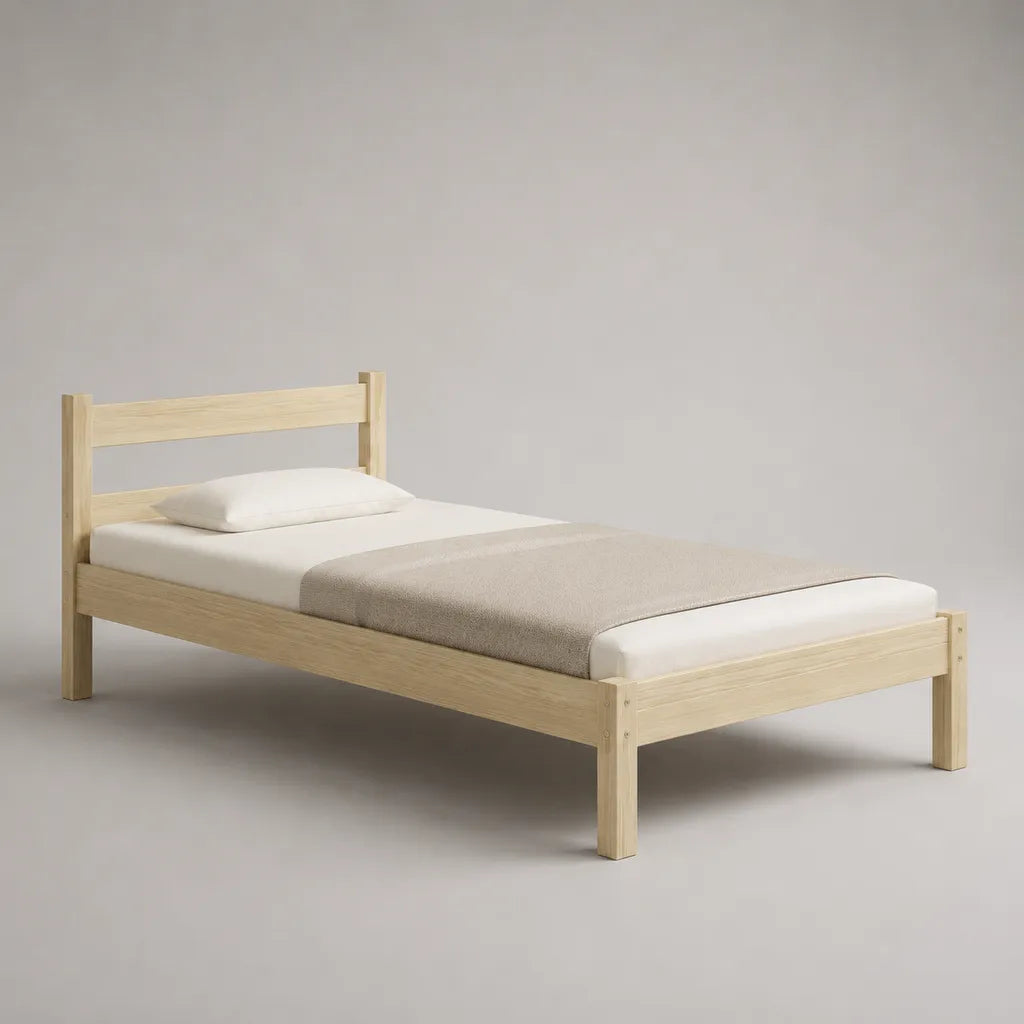 Structure simple en bois massif de pin avec grille et tête de lit, nature, 90 × 200 cm