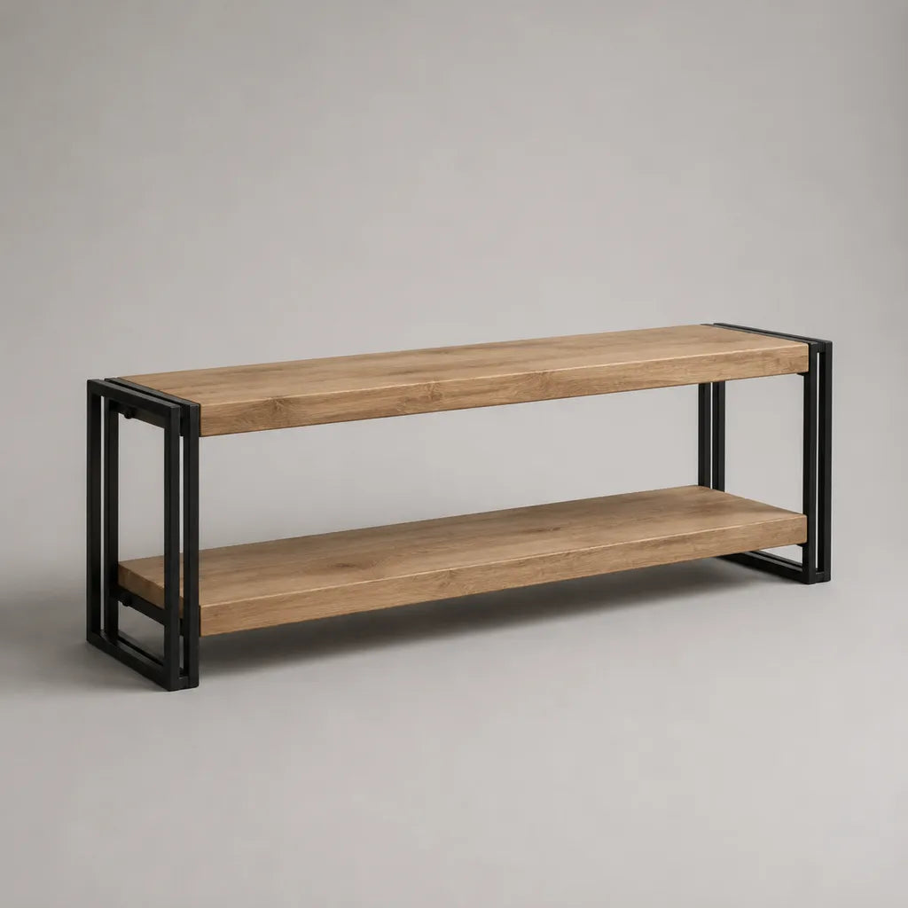 Meuble TV bas avec 2 piles en bois d'acacia massif et acier, brun naturel/noir, 140 × 35 × 50 cm