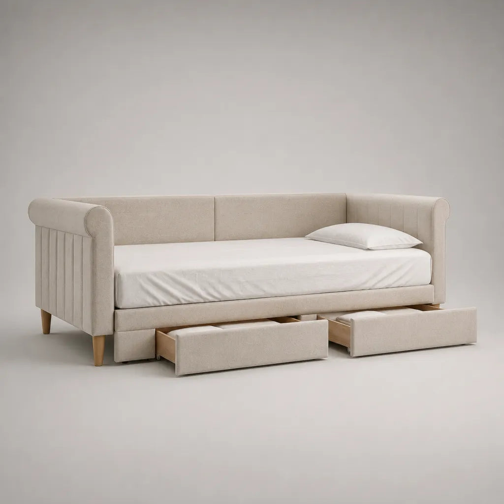 Lit d'une journée 90 × 200 cm en chenille en polyester beige avec 3 tiroirs, dimensions totales 221 × 101 × 91 cm