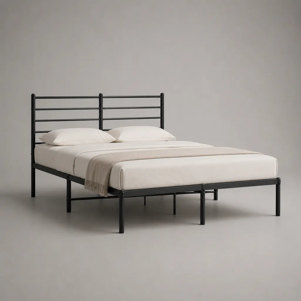 Lit double en métal avec tête de lit, noir, couchage 140 × 200 cm, dimensions totales environ 145 × 205 × 110 cm