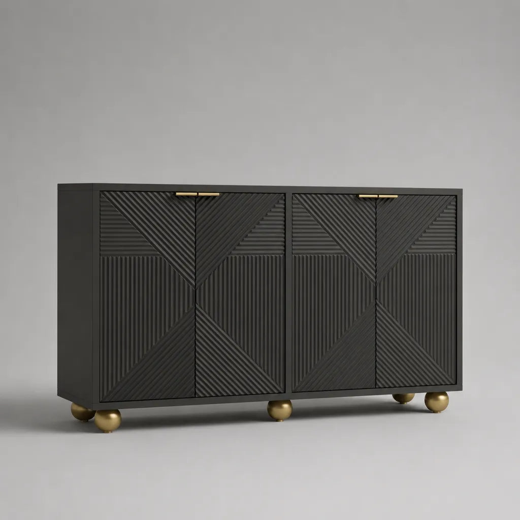 Buffet en MDF avec 4 portes et structure en relief géométrique, noir/en laiton, 160 × 40 × 80 cm