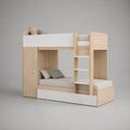 Etagenbett aus Holz mit Kleiderschrank, Schublade und Leiter, 2 Liegeflächen 90 × 200 cm, 250 × 112 × 180 cm, Eichefarben/Weiß