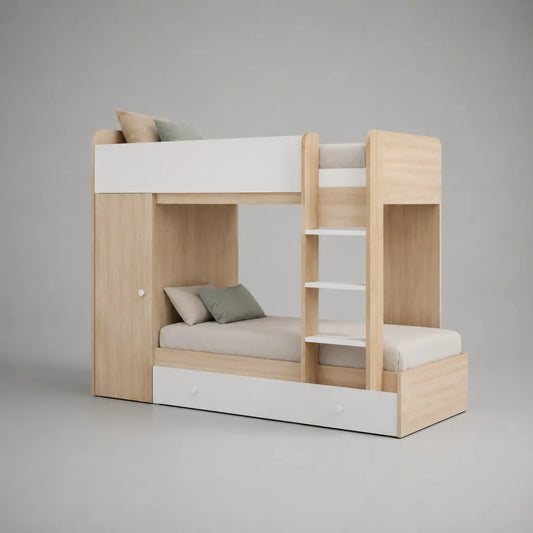 Lit superposé en bois avec armoire, tiroir et échelle, 2 surfaces 90 × 200 cm, 250 × 112 × 180 cm, couleur chêne/blanc