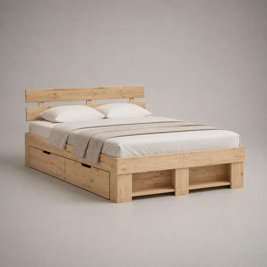 Armoire double avec rangement en bois massif de pin, nature, couchage 160 × 200 cm, dimensions totales 218 × 168 × 105 cm