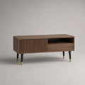 Fernsehschrank mit Schiebetür und Schublade, MDF mit Walnussfurnier, Dunkelbraun, Schwarz und Messingfarben, 120 × 40 × 60 cm