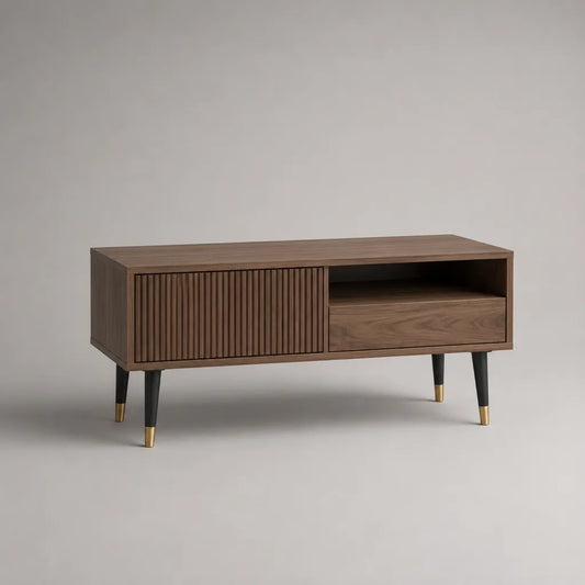 Armoire TV avec porte coulissante et tiroir, MDF avec placage de noix, brun foncé, noir et en laiton, 120 × 40 × 60 cm