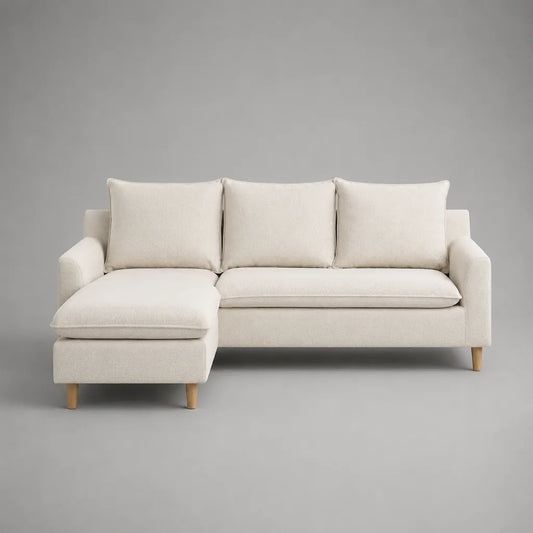 Ecksofa avec ottoman, 3 places en L, polyester, blanc cassé/couleur naturelle, 210 × 148 × 85 cm
