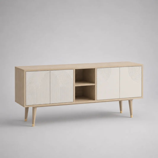 Meuble TV bas en MDF et panneau de particules avec 4 portes et 2 compartiments ouverts, couleur chêne et blanc, 160 × 40 × 70 cm