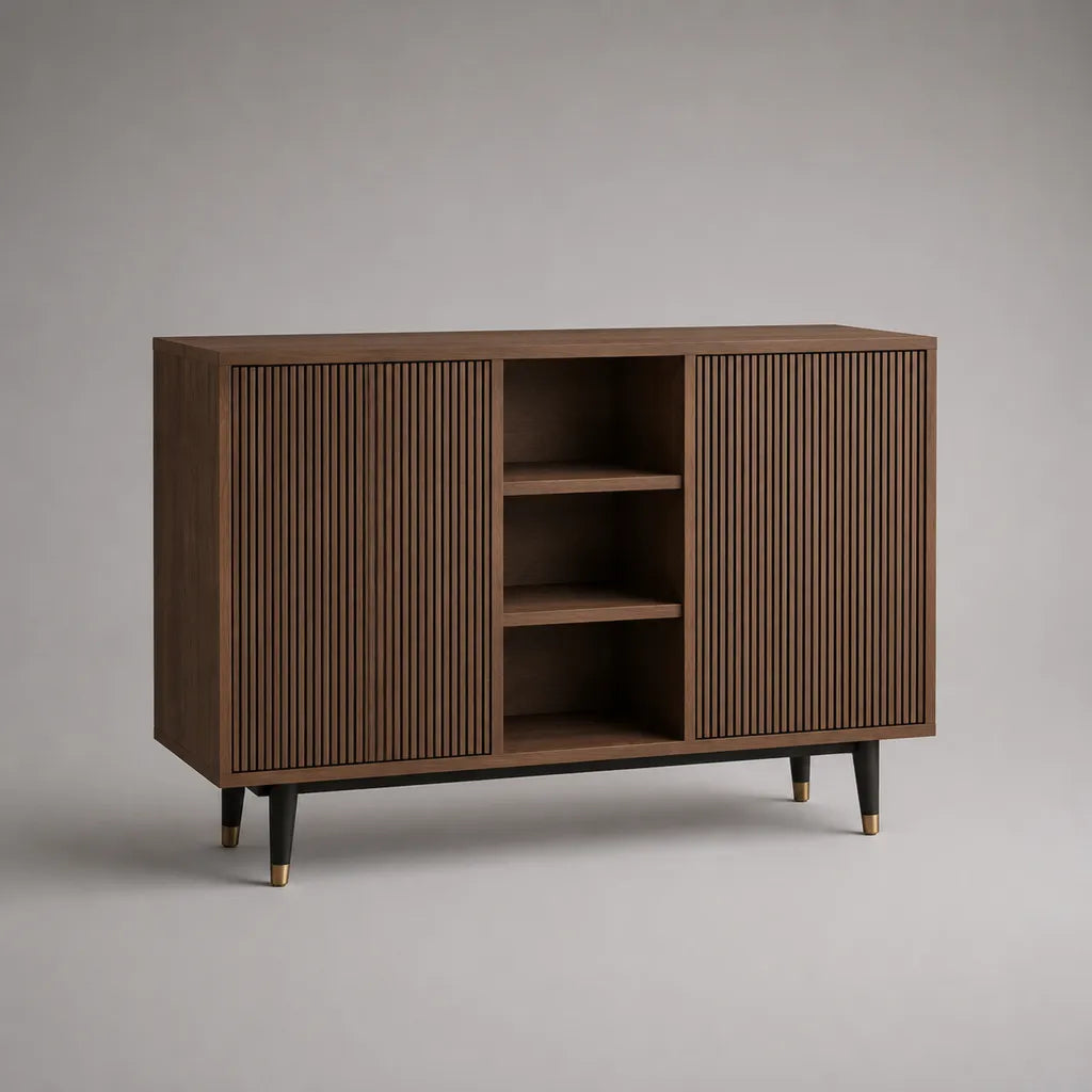 Sideboard rectangulaire en MDF avec placage de noix, 2 portes et 3 compartiments ouverts, brun foncé, 120 × 40 × 80 cm