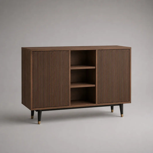 Sideboard rectangulaire en MDF avec placage de noix, 2 portes et 3 compartiments ouverts, brun foncé, 120 × 40 × 80 cm