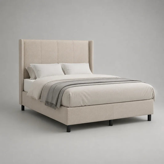 Lit rembourré avec tête d'aile et pieds en métal, beige, couchage 160 × 200 cm, dimensions totales 177 × 218 × 125 cm