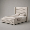 Polsterbett Doppelbett 160 × 200 cm aus Polyester-Samt in Creme mit Flügelkopfteil und Knopfheftung