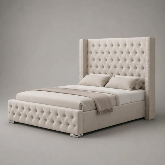 Lit double lit rembourré 160 × 200 cm en velours polyester en crème avec tête d'aile et agrafe bouton