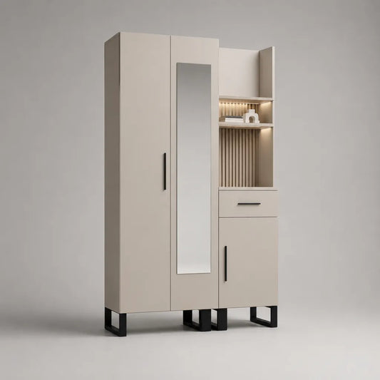 Robe en panneau de particules avec miroir et éclairage LED, beige et noir, 100 × 35 × 190 cm