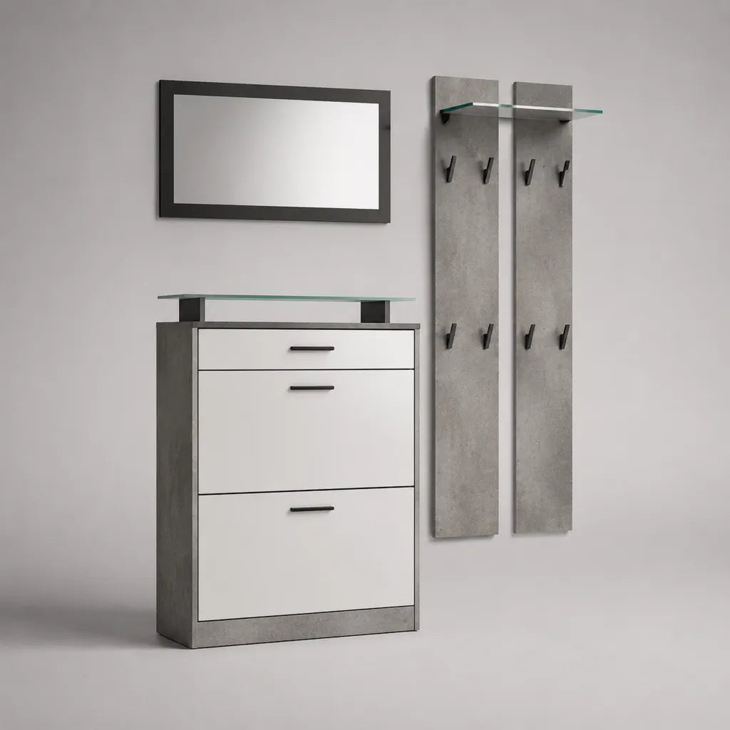 4-teiliges Garderoben-Set aus Holzwerkstoff und Glas mit Schuhschrank, Spiegel und Wandpaneelen, Weiß-Betongrau, Schuhschrank 80 × 30 × 105 cm