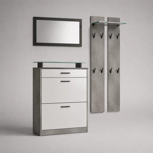 Ensemble de garde-robe en 4 parties en bois et verre avec armoire à chaussures, miroir et panneaux muraux, gris blanc-béton, armoire à chaussures 80 × 30 × 105 cm