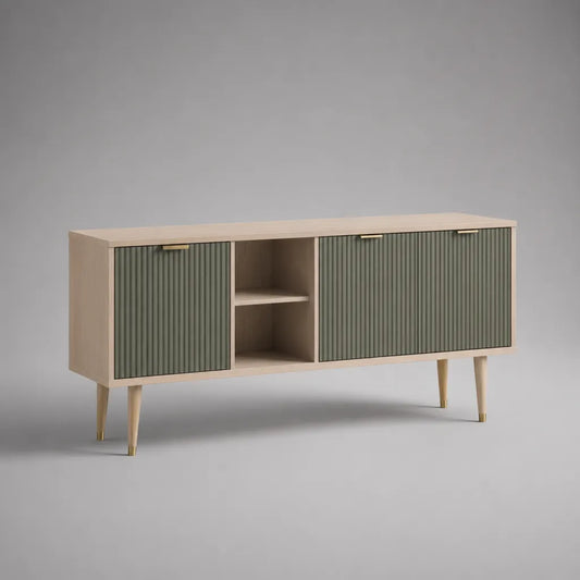 Meuble TV bas en MDF avec placage de chêne, 160 × 40 × 75 cm, beige et vert olive