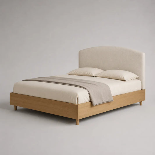 Structure double en bois avec tête en tissu rembourrée, couchage 160 × 200 cm, beige et chêne naturel, 215 × 170 × 110 cm