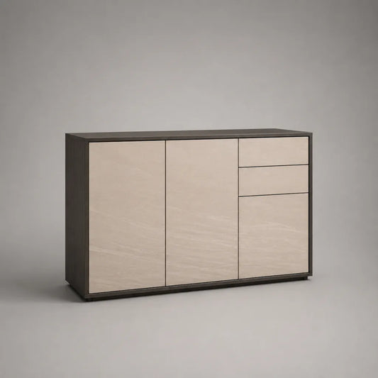 Sideboard en bois avec 2 portes et 3 tiroirs, beige/brun foncé, 120 × 40 × 80 cm