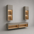TV-Wandmöbel-Set 4-teilig mit LED aus melaminbeschichteter Spanplatte und Sicherheitsglas, Graubeige/Eiche natur, 2 Lowboards je 100 × 35 × 35 cm und 2 Hängeschränke je 45 × 30 × 120 cm