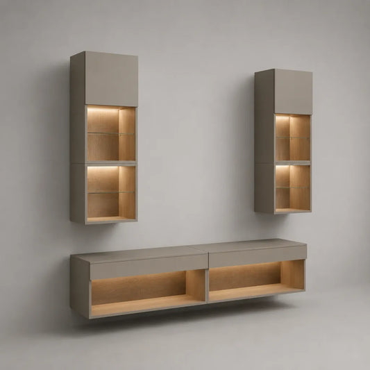 Ensemble de meubles muraux TV 4 pièces avec LED en panneau de particules recouvert de mélamine et verre de sécurité, beige gris / chêne naturel, 2 lowboards pour 100 × 35 × 35 cm et 2 armoires suspendues pour 45 × 30 × 120 cm
