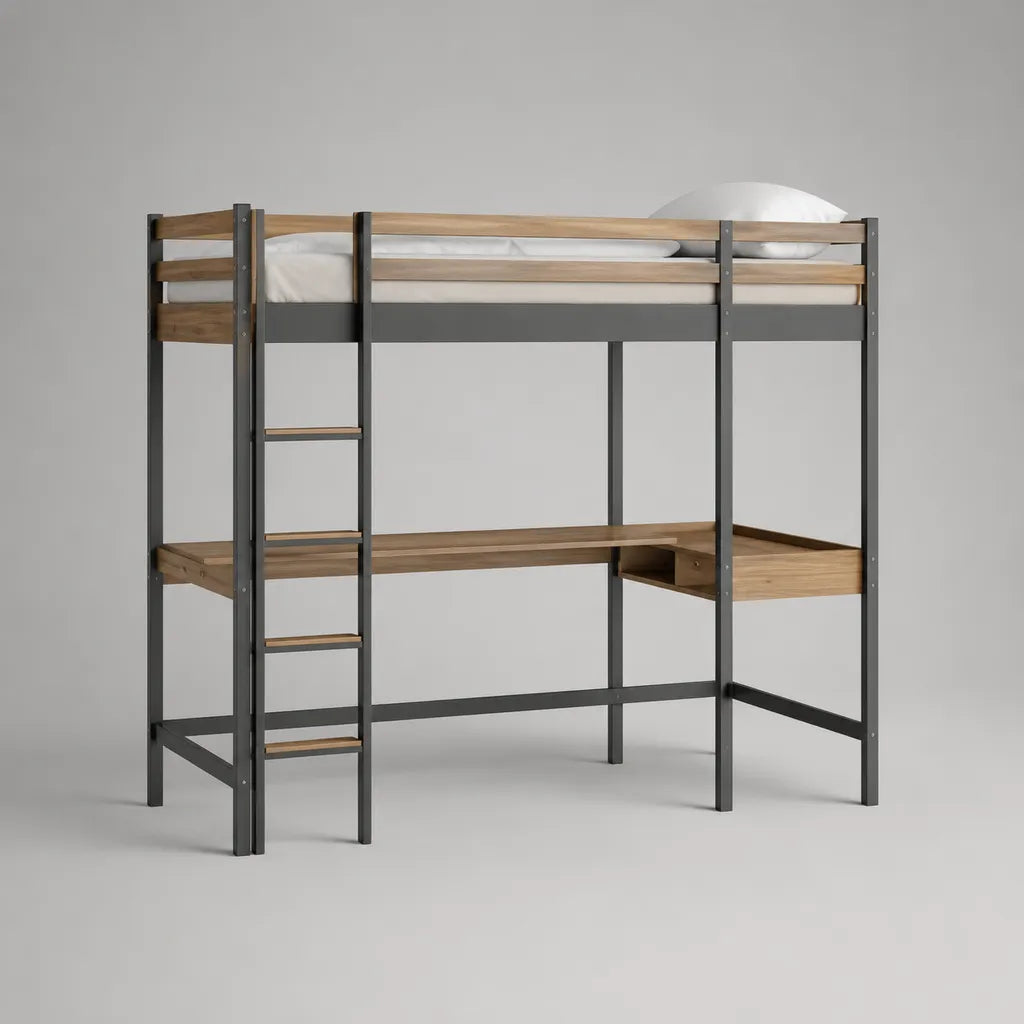 Lit haut avec table en L et échelle en acier et pin massif, anthracite/nature, 208 × 96 × 180 cm, surface 90 × 200 cm
