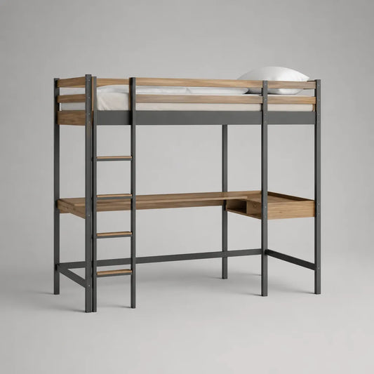 Lit haut avec table en L et échelle en acier et pin massif, anthracite/nature, 208 × 96 × 180 cm, surface 90 × 200 cm