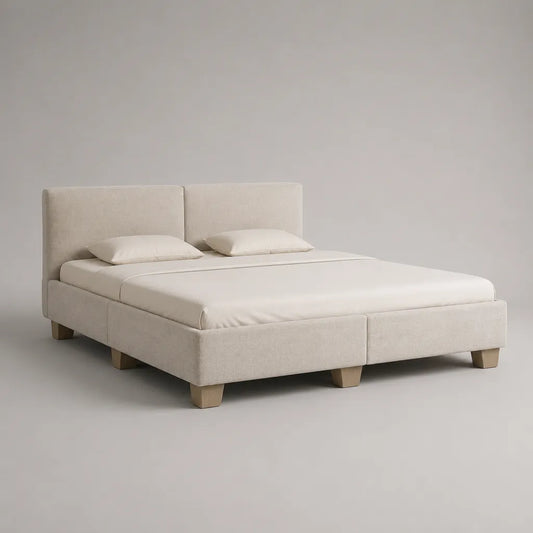 Lot de 2 pièces – Lit double avec deux parties en tissu Bouclé, blanc cassé et beige naturel, 180 × 200 cm, avec tête de lit divisée