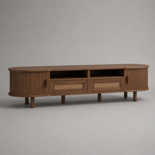 Meuble TV bas en MDF et bois avec filet à rat, 2 portes, 2 tiroirs et 2 compartiments ouverts, brun noyer/nature, 180 × 40 × 58 cm