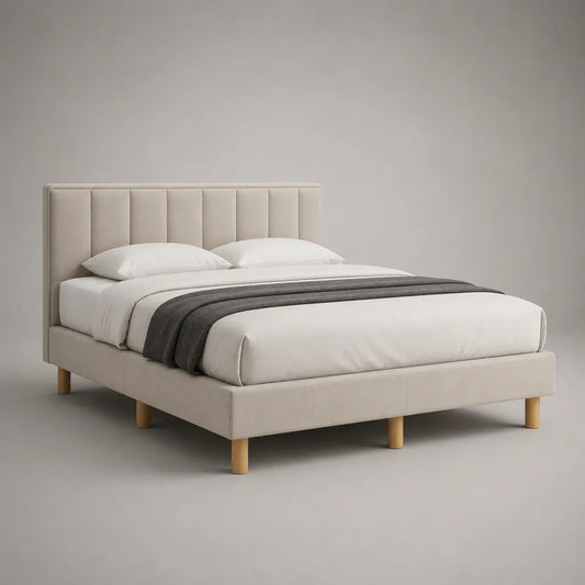 Lit rembourré avec grille, housse en polyester et pieds en bois massif, beige, 171 × 215 × 110 cm, couchage 160 × 200 cm