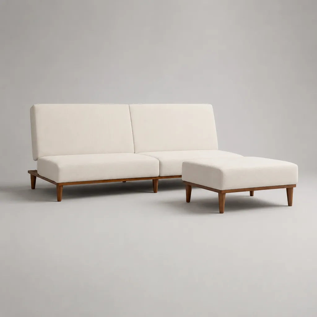 Canapé 2 places avec tabouret, set de 2 pièces en tissu et bois, crème et brun, canapé 160 × 80 × 78 cm, tabouret 80 × 60 × 42 cm