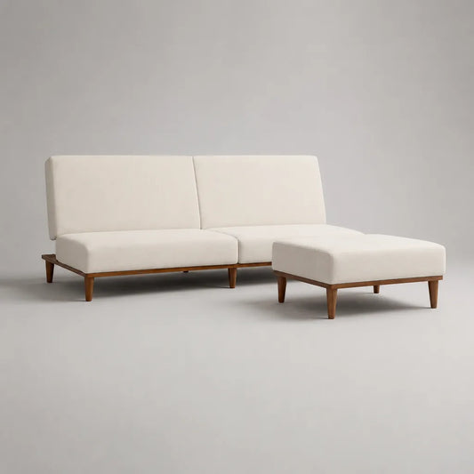 Canapé 2 places avec tabouret, set de 2 pièces en tissu et bois, crème et brun, canapé 160 × 80 × 78 cm, tabouret 80 × 60 × 42 cm