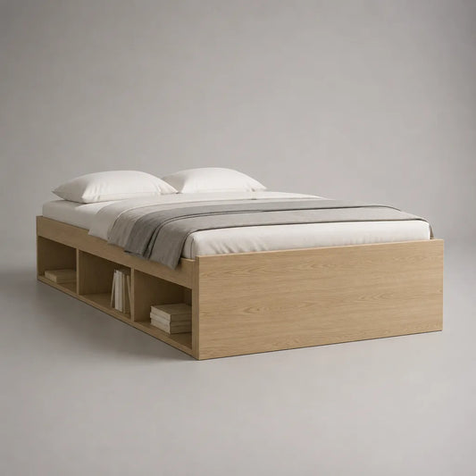 Lit double lit de rangement en placage de chêne avec compartiments latéraux ouverts, chêne naturel, couchage 160 × 200 cm, dimensions totales 166 × 206 × 60 cm