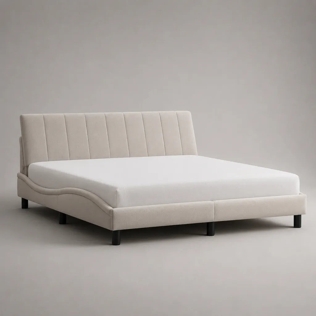 Lit rembourré avec matelas, torche et tête de lit en polyester, beige/blanc/noir, couchage 160 × 200 cm, dimensions totales 174 × 217 × 101 cm