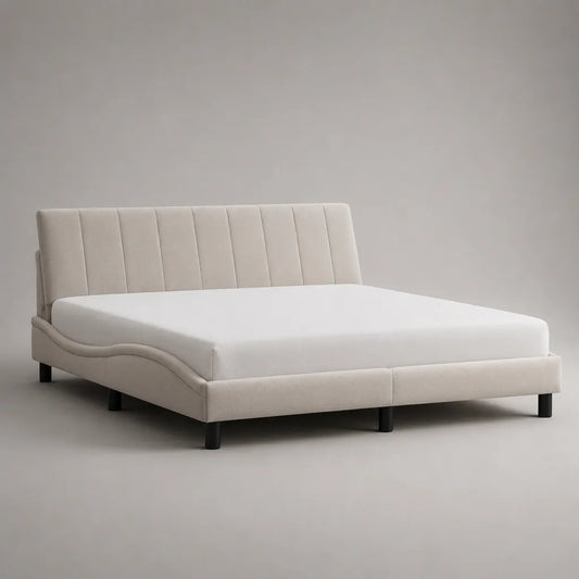 Lit rembourré avec matelas, torche et tête de lit en polyester, beige/blanc/noir, couchage 160 × 200 cm, dimensions totales 174 × 217 × 101 cm