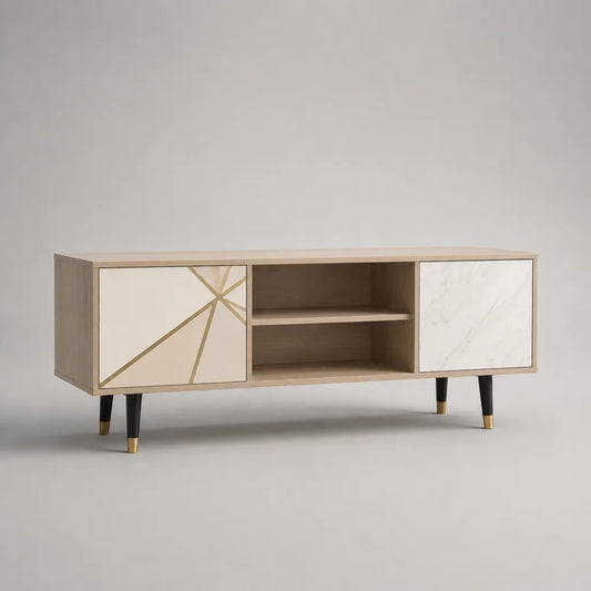 Meuble TV bas en MDF et panneau de particules avec 2 portes et 2 compartiments ouverts, chêne clair, beige et blanc, 140 × 40 × 60 cm