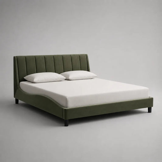 Lit double avec grille en bois, housse de velours, vert olive et noir, 174 × 217 × 110 cm, couchage 160 × 200 cm