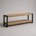 TV-Lowboard mit 2 Ablagen aus massivem Akazienholz und Stahl, Naturbraun/Schwarz, 140 × 35 × 50 cm