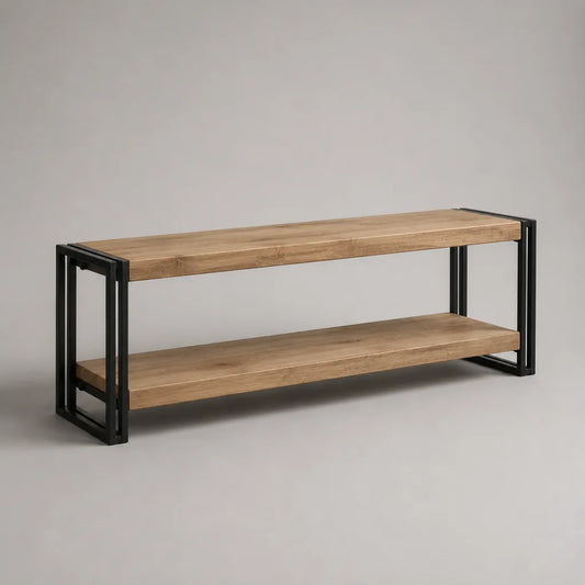 Meuble TV bas avec 2 piles en bois d'acacia massif et acier, brun naturel/noir, 140 × 35 × 50 cm