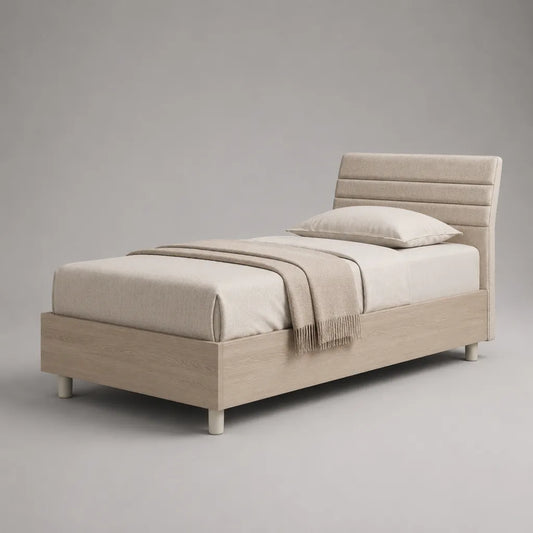 Lit simple avec tête de lit rembourrée, placage de chêne et polyester, beige/nature, couchage 90 × 200 cm