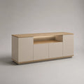 Sideboard aus Spanplatte mit 4 Türen, offenem Fach und LED-Beleuchtung, Beige und Eiche natur, 180 × 42 × 80 cm