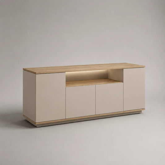 Sideboard en panneau de particules avec 4 portes, compartiment ouvert et éclairage LED, beige et chêne naturel, 180 × 42 × 80 cm