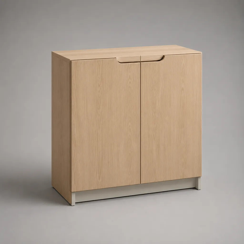 Rechteckiges Sideboard mit 2 Türen aus Eichenfurnier und Stahl, Natur-Eiche/Graubeige, 80 × 35 × 90 cm