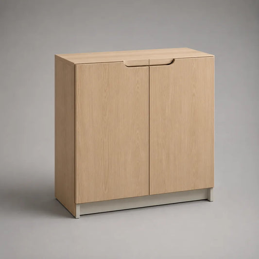 Sideboard rectangulaire avec 2 portes en placage de chêne et acier, chêne naturel/beige grise, 80 × 35 × 90 cm