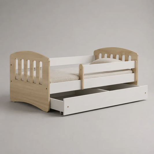 Lit bébé en MDF et bois de pin avec protection contre les pannes et tiroir, blanc/nature, couchage 80 × 160 cm