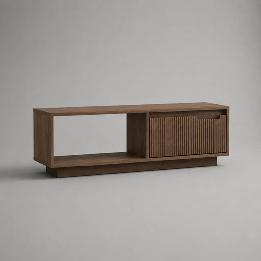 Meuble TV bas en bois avec 2 portes coulissantes et compartiment ouvert, brun avec masque de noix, 160 × 40 × 55 cm