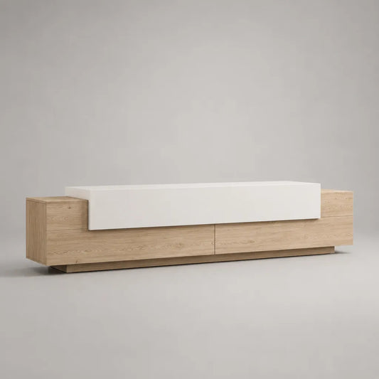 Meuble TV bas en panneaux de particules et MDF, chêne nature/blanc, 200 × 40 × 55 cm